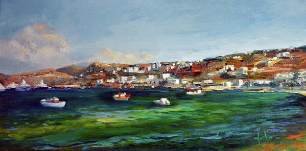  Art Print featuring the painting Mykonos Harbour by Josef Kelly