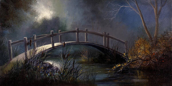 Lynne Pittard Art Print featuring the painting Moonlit Bridge by Lynne Pittard