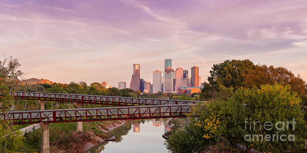 Downtown Art Print featuring the photograph Panorama of Downtown Houston Skyline from Studemont Drive - Buffalo Bayou Park Houston Texas by Silvio Ligutti
