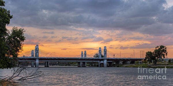 Downtown Art Print featuring the photograph Panorama of I-35 Jack Kultgen Highway Bridges at Sunset from the Brazos Riverwalk - Waco Texas by Silvio Ligutti