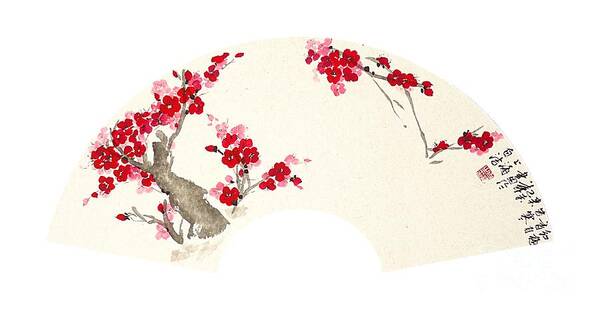 White Art Print featuring the painting Plum Blossom in Fan - transparent by Birgit Moldenhauer