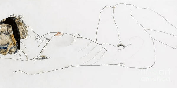 Nude Art Print featuring the drawing Reclining female nude by Egon Schiele