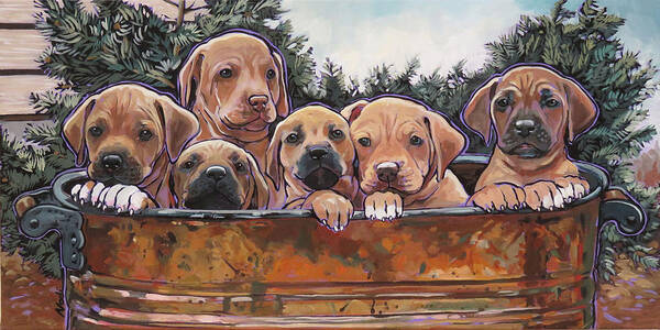 Rhodesian Ridgeback Art Print featuring the painting Rhodesian Ridgeback Puppies by Nadi Spencer