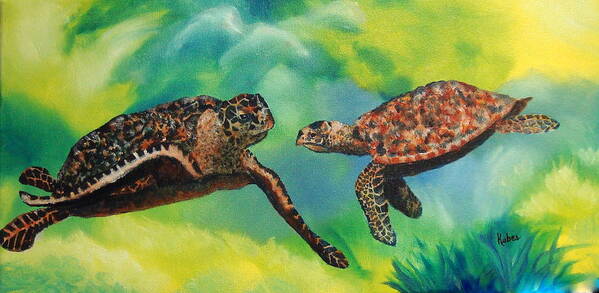 Ocean Art Print featuring the painting Sea Turtles and Dolphins by Susan Kubes