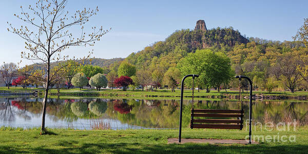 Winona Minnesota Art Print featuring the photograph Spring Sugarloaf with Bench and Budding Tree by Kari Yearous