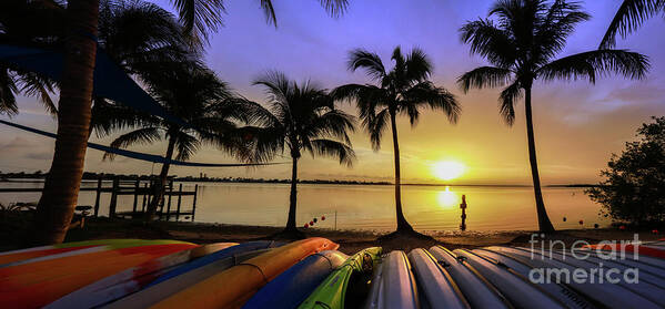 Florida Sunset Art Print featuring the photograph Sunset over the Kayaks by Jon Neidert