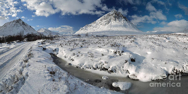 Buachaille Etive Mor Art Print featuring the photograph The road to Glen Etive in Winter - Panorama by Maria Gaellman