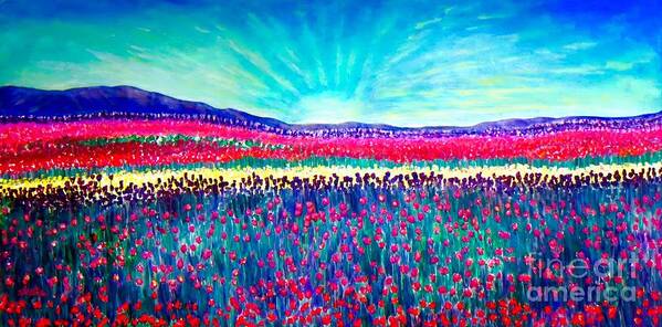 Field Of Bright Tulips Cultivated Flowers Natural Garden Hot And Light Pink Fire Engine Or Candy Red Yellow And Deep Purple Cover The Expanse Of The Field As Far As The Eye Can See With Purple And Blue Mountain Backdrop And A Bright Sunris Coming Up Over The Horizon Inspirational Work Painted In Honor Of Jamilia Nahshe Ahmed Work To Raise Awareness For Leukemia And Money For Cancer And For St. Jude's Nature Scene Flower Painting Acrylic Painting Art Print featuring the painting Wishing You the Sunshine of Tomorrow by Kimberlee Baxter