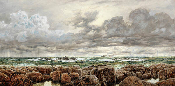 John Brett Art Print featuring the painting A strong sou-wester on an iron-bound coast by John Brett