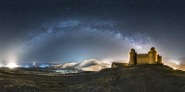 Castle
Night
Stars
Milky Way
Lights
La Calahorra
Granada
Spain
Night
Sky
Blue
Orange
Historical
Landscape
Panoramic
Beautiful
Mountains
Iluminated
Towers
Astronomy
Space
Monuments
Andalucia
Wonderful Place Art Print featuring the photograph Calahorra Castle by Manuel Jose Guillen Abad