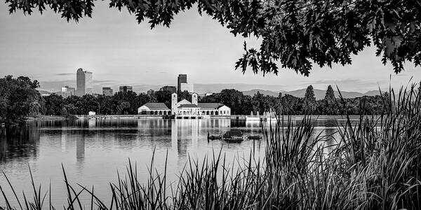 America Art Print featuring the photograph Denver Colorado Skyline and City Park Lake Panorama - Monochrome by Gregory Ballos