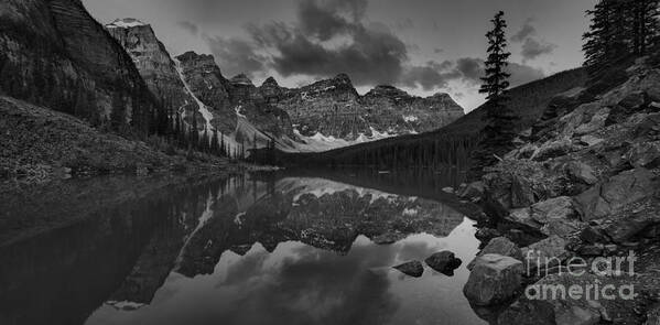 Moraine Lake Art Print featuring the photograph Early Morning Moraine Lake Panorama Black And White by Adam Jewell