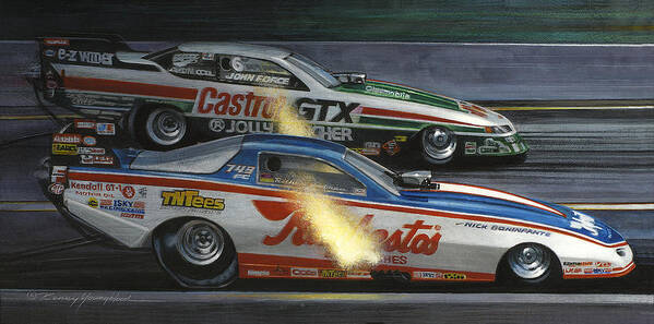 Nhra Drag Racing Funny Cars Nitro Art Print featuring the painting East vs West by Kenny Youngblood