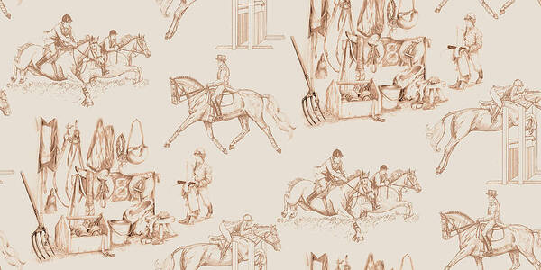 Horse Toile Pattern Repeat Art Print featuring the painting Horse Toile Pattern Repeat by Sher Sester