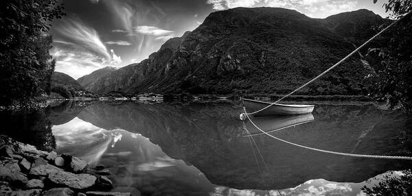 B&w Photo Of Placid Lake Art Print featuring the photograph Norway 4842 by Maciej Duczynski