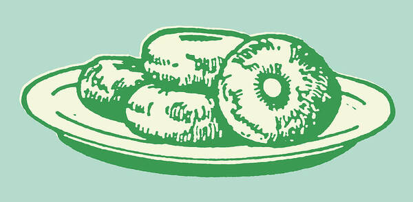 Baked Goods Art Print featuring the drawing Plate of Doughnuts by CSA Images