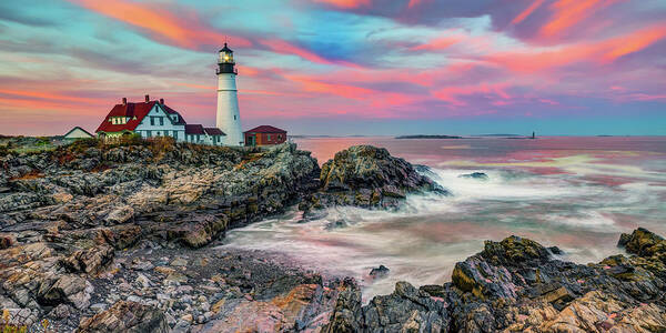 Portland Head Light Art Print featuring the photograph Portland Head Light Panorama on Cape Elizabeth Maine at Sunset by Gregory Ballos