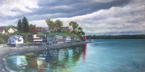 Browns Point Art Print featuring the painting Red Boathouse on Caledonia Beach by Jo Storey