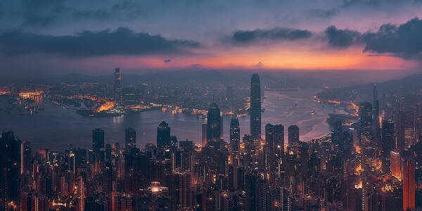 Panorama Art Print featuring the photograph Sunrising Hong Kong by Javier De La Torre