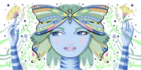 Fantasy Art Print featuring the digital art Insect Girl, Winga - Oblong White by Valerie White