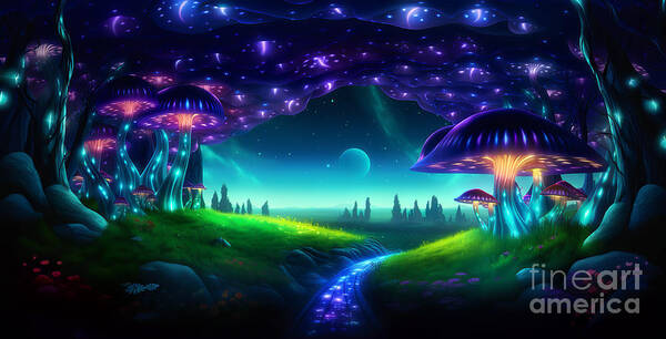Fireflies Art Print featuring the digital art Magical fairy tale landscape with many shining mushrooms and glow of fireflies. #1 by Odon Czintos