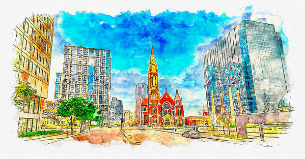 Ross Avenue Art Print featuring the digital art A view of Ross Avenue in Dallas near the Cathedral Shrine of the Virgin of Guadalupe by Nicko Prints