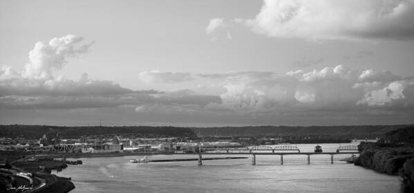 Dubuque Art Print featuring the photograph Barge Heads Upriver Black and White Version by Jane Melgaard