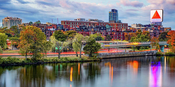 Boston Skyline Art Print featuring the photograph Boston's Charles River and Citgo Sign Autumn Panorama by Gregory Ballos