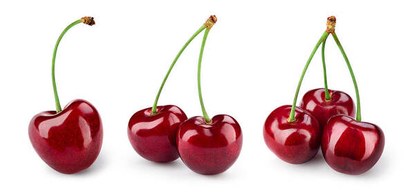 Cherry Art Print featuring the photograph Cherry isolated. Cherries on white. Cherry set. With clipping path. by Taras Dovhych