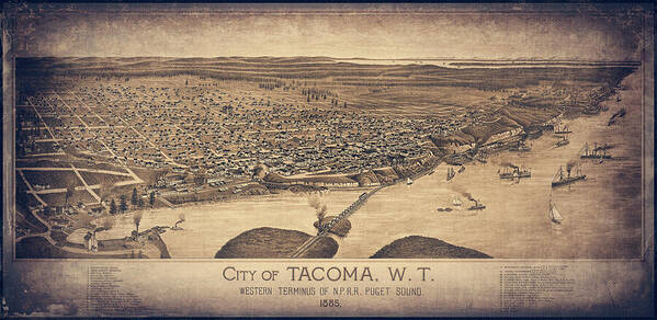Tacoma Art Print featuring the photograph City of Tacoma Vintage Map Birds Eye View 1885 Sepia by Carol Japp