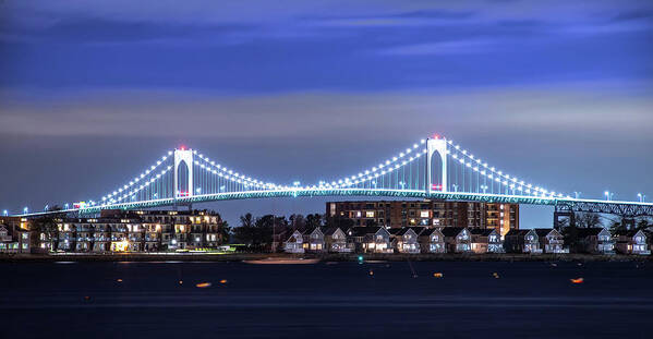 Rhode Island Art Print featuring the photograph Claiborne Pell Bridge in Background at night in newport rhode i by Alex Grichenko