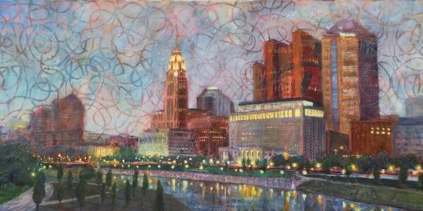 Leveque Art Print featuring the painting Downtown Columbus Lit Up by Robie Benve