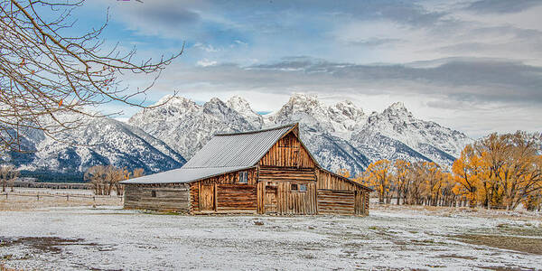 Wyoming Art Print featuring the photograph Early Fall Snow at Mormon Row, A Grand Tetons Panorama by Marcy Wielfaert