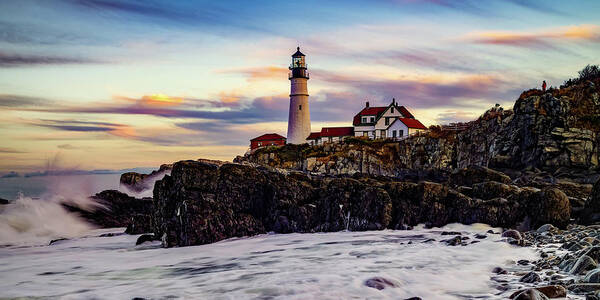 Portland Head Light Art Print featuring the photograph Evening At Portland Head Light - Panoramic Format by Gregory Ballos