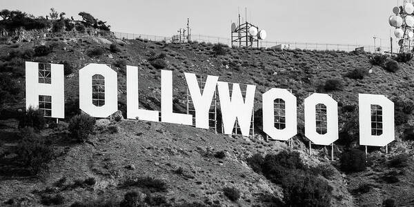 Hollywood Sign Art Print featuring the photograph Famous Hollywood Sign in Hollywood Hills California - Black and White Panorama by Gregory Ballos