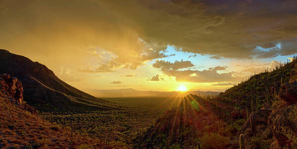 Gates Pass Art Print featuring the photograph Golden Sunset and Storm at Gates Pass Panorama by Chris Anson