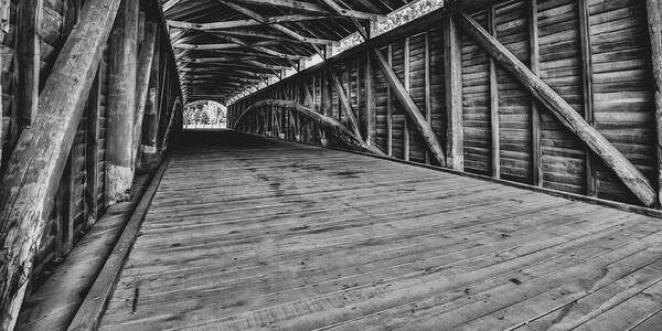 Barrackville Bridge Panorama Art Print featuring the photograph Inside the Barrackville Covered Bridge in West Virginia - Monochrome Panorama by Gregory Ballos