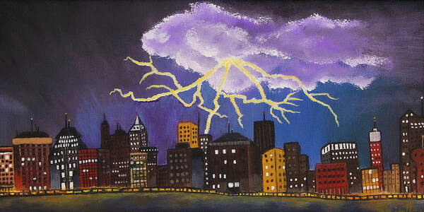 Lightning Art Print featuring the painting City Lightning by Shirley Dutchkowski