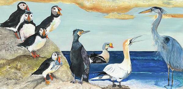 Puffins Art Print featuring the painting Maine Birds of a Feather by Linda Kegley