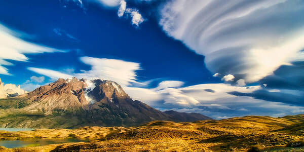 Lenticular Cloud Art Print featuring the photograph Mountains and Lenticular Cloud in Patagonia by Bruce Block