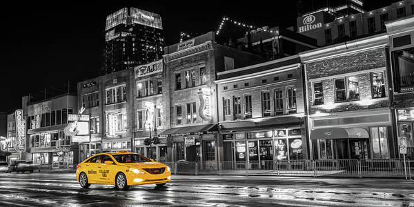 Nashville Skyline Art Print featuring the photograph Nashville Lower Broadway Monochrome Skyline and Yellow Taxi Cab Panorama by Gregory Ballos