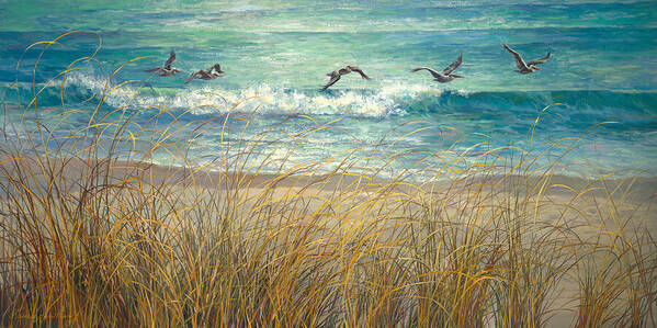 Pelican Art Print featuring the painting Pelican Line Up by Laurie Snow Hein