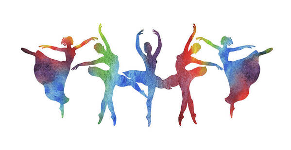 Rainbow Art Print featuring the painting Rainbow Watercolor Ballerinas Silhouette Ballet Dance by Irina Sztukowski