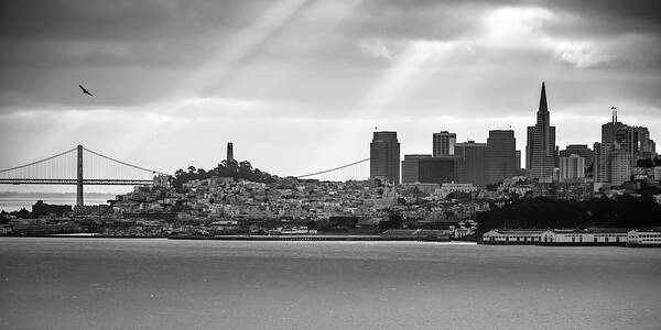 San Francisco Skyline Art Print featuring the photograph San Francisco Skyline and Oakland Bay Bridge Panorama - Black and White by Gregory Ballos