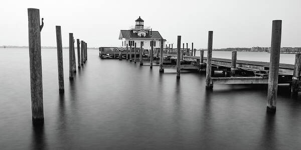 Roanoke Lighthouse Art Print featuring the photograph Soft Morning Light At Roanoke Marshes Lighthouse - Black And White Panorama by Gregory Ballos