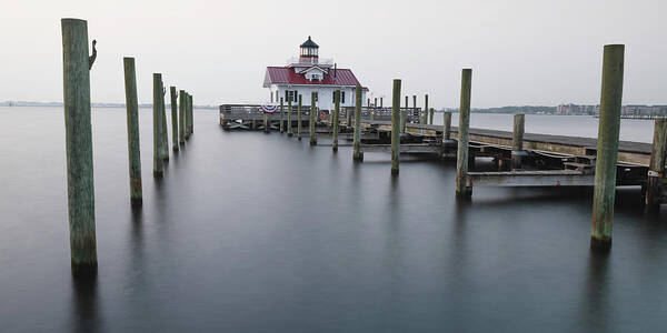Roanoke Lighthouse Art Print featuring the photograph Soft Morning Light At Roanoke Marshes Lighthouse - Panorama by Gregory Ballos