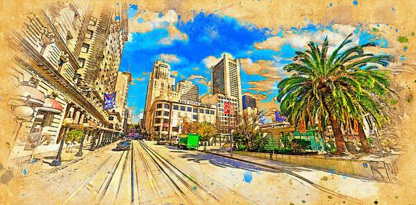 Union Square Art Print featuring the digital art Union Square near Powell Street in San Francisco - digital painting by Nicko Prints