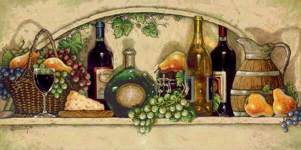 Kitchen Art Print featuring the painting Wine, Fruit and Cheese by Janet Kruskamp