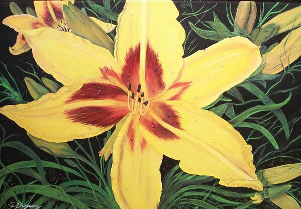  Firery Center Art Print featuring the painting Yellow Lily by Sharon Duguay