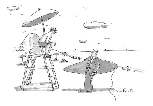 Swimming-lifeguards Art Print featuring the drawing A Man In A Suit Is Seen Holding A Surfboard #1 by Michael Crawford